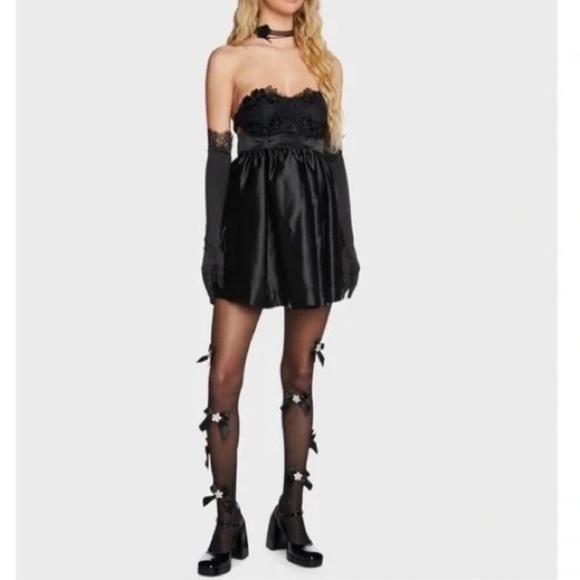 NWT For Love & Lemons Virginia Satin Lace Babydoll Strapless Dress with Gloves M - Picture 3 of 16